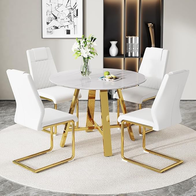 Round Dining Table Set for 4, Modern Kitchen Dining Table Chairs Set for 4, 42" Faux Marble Dining Room Table Set & 4 PU Leather Chairs for Kitchen Living Office Cafe Small Space