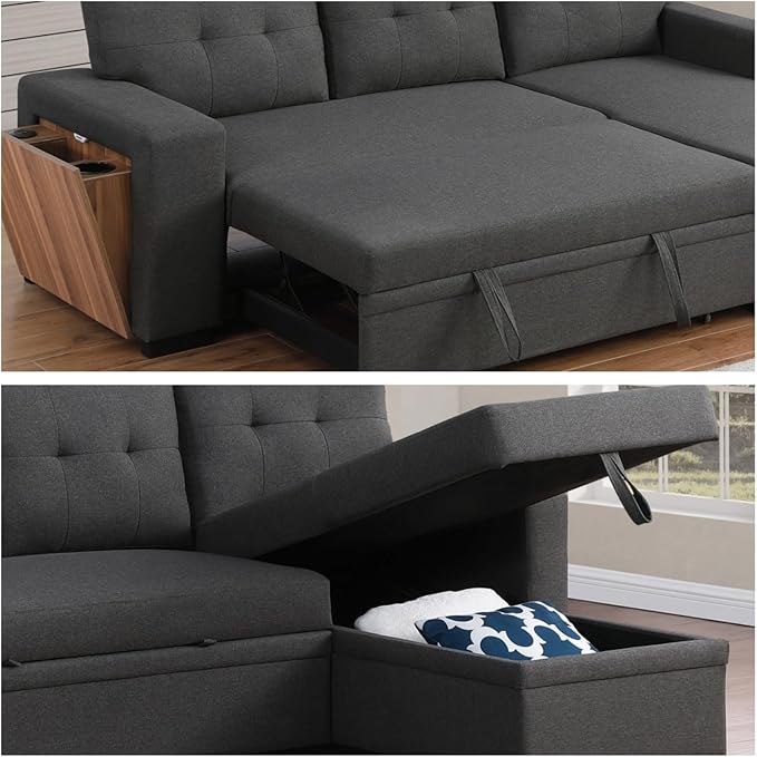 L-Shape Sofa Bed, 92" Sectional Couch with Storage Chaise, Pull Out Sleeper Sofa with Side Compartment, Convertible Corner Couch for Living Room Apartment, Dark Gray