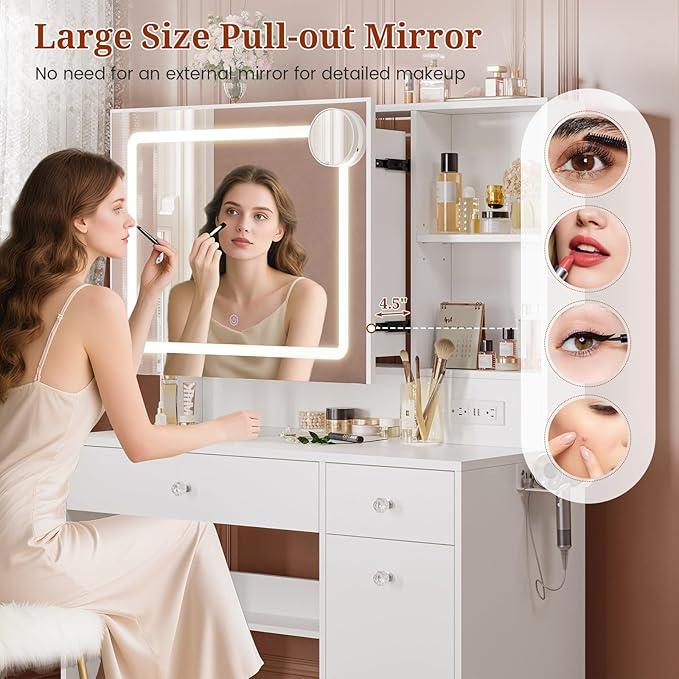 Vanity Desk with Mirror and Lights,Power Outlet,3 Drawers,Pull-Out LED Mirror with 3 Light Modes,Brightness Adjustable,Rolling Makeup cart,Crystal Handles, hairdryer Rack,White