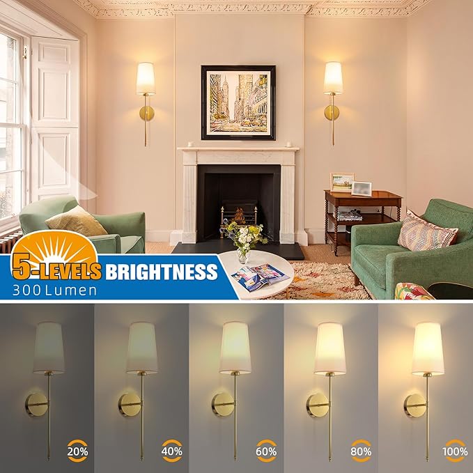 NIORSUN Gold Battery Operated Wall Sconce Set of 2,Rechargeable Wall Lights with 5200mAh Dimmable Detachable Bulbs and Remote,9 Colors Wireless Sconces for Bedroom Living Room Hallway