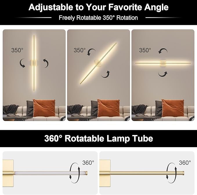 Battery Operated Wall Sconce Set of Two with Remote Control, 3000K-6000K Dimmable Gold Wall Lights, Timable LED Wireless Wall Sconces, 350° Ratate for Bathroom, Living Room, Hallway 39.4 Inch