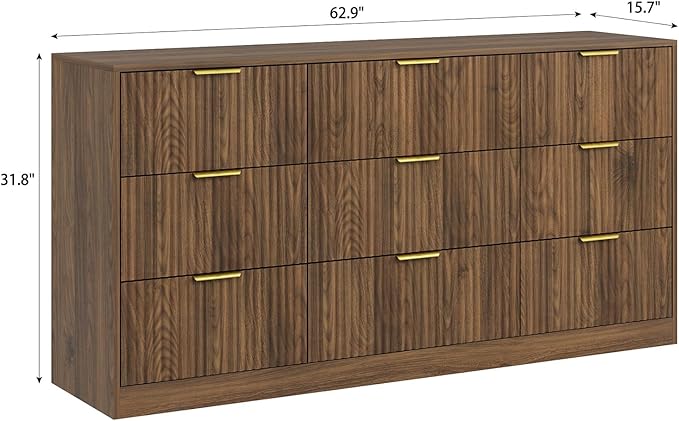 9 Drawer Dresser for Bedroom with Deep Drawers, 63" Wide Wood Dresser, Large Floor Chest of Drawers, Modern Long TV Stand, Mid Century Storage Cabinet Side Table, Natural