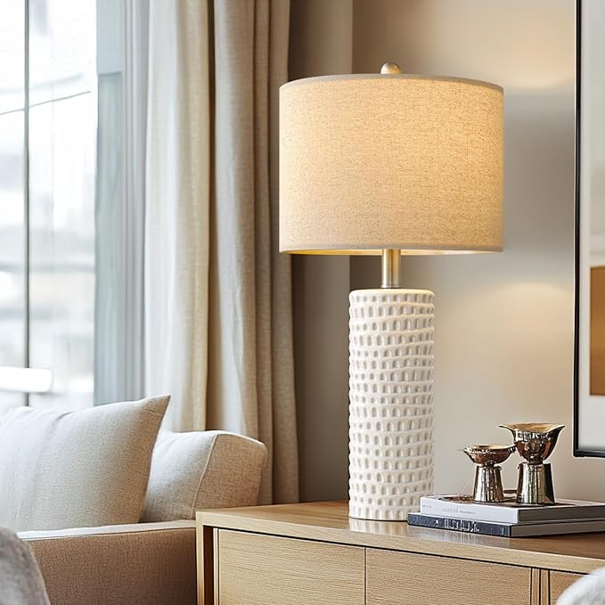 PORTRES 24" Farmhouse Ceramic Table Lamp Set of 2 for Bedroom Living Room White Desk Decor Bedside Lamps for Study Room Office Dorm Modern Accent Nightstand Lamp End Table Lamps