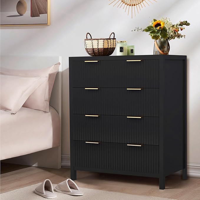 Fluted 4 Drawer Tall Dresser for Bedroom, Mid Century Modern Nightstand with Drawers, Tall Bedside Table for Closet Cloth, Living Room End Table with Storage for Dorm -Black