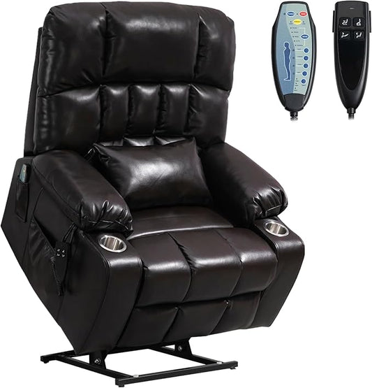 Power Lift Recliner Chair with Massage and Heating for Elderly, Oversized Lay Flat Recliner, Big and Tall 400lbs, Dual Motors, Cup Holders, Heavy Duty, Adults (Red)