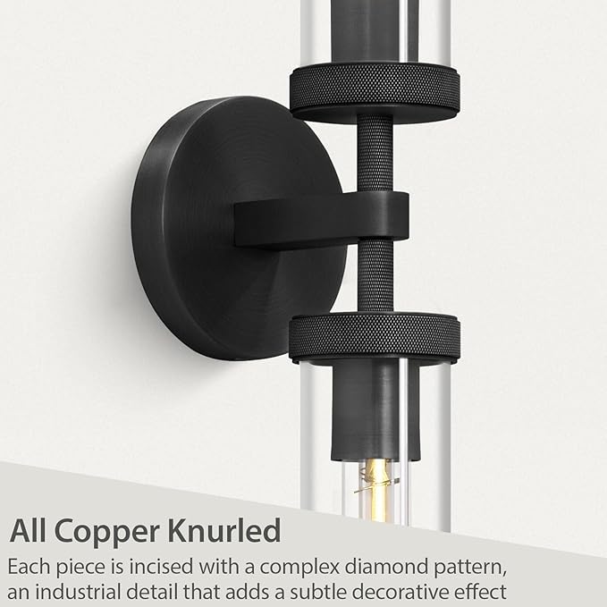 Modern 2-Light Black 30in Knurled Wall Sconces, Double Glass Sconces Wall Lighting, Bathroom Vanity Light Sconces, Wall Lights for Living Room Bedroom Hallway Kitchen Bathroom Mirror Includes bulbs