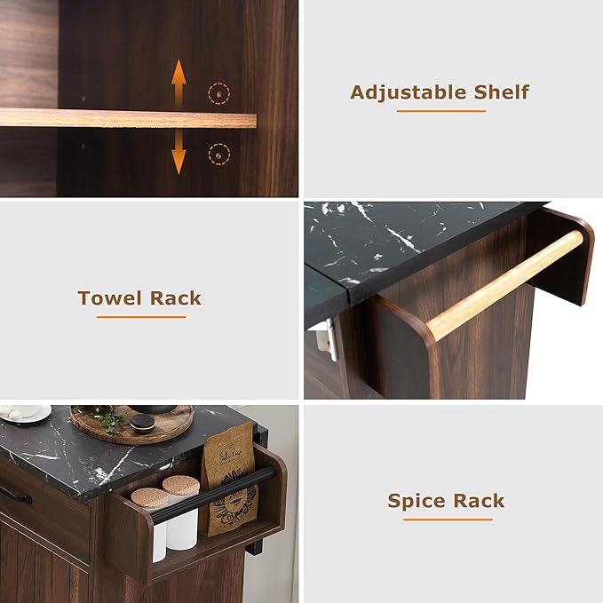 Kitchen Island with Storage & Drop Leaf, 51" Kitchen Rolling Island on Wheels with Spice Rack & Towel Rack, Kitchen Island Cart with Trash Can Storage, Walnut Brown