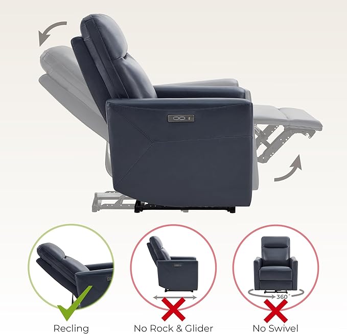 CHITA Genuine Leather Power Recliner Chair for Adults, Electric Wall Hugger Recliner for Small Spaces, Modern Living Room and RV Recliner Chair with Power Headrest & Charging Ports, Dark Blue