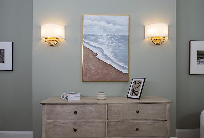 Yosoan White Fabric Cloth Boho Aged Brass Gold Wall Sconce Stairwell Fixture Light, 2-Light Dual Indoor Hardwired Vanity Vintage Wall Mount Lamp Antique Metal Base Semicircle Shade Lamp for Hallway