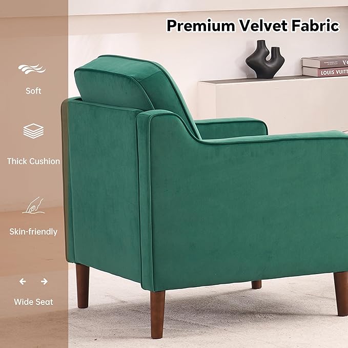 Mid Century Modern Accent Chair, Upholstered Reading Armchair for Living Room, Velvet Comfy Sofa Chair with Wood Legs for Bedroom, Office, Waiting Room, Green