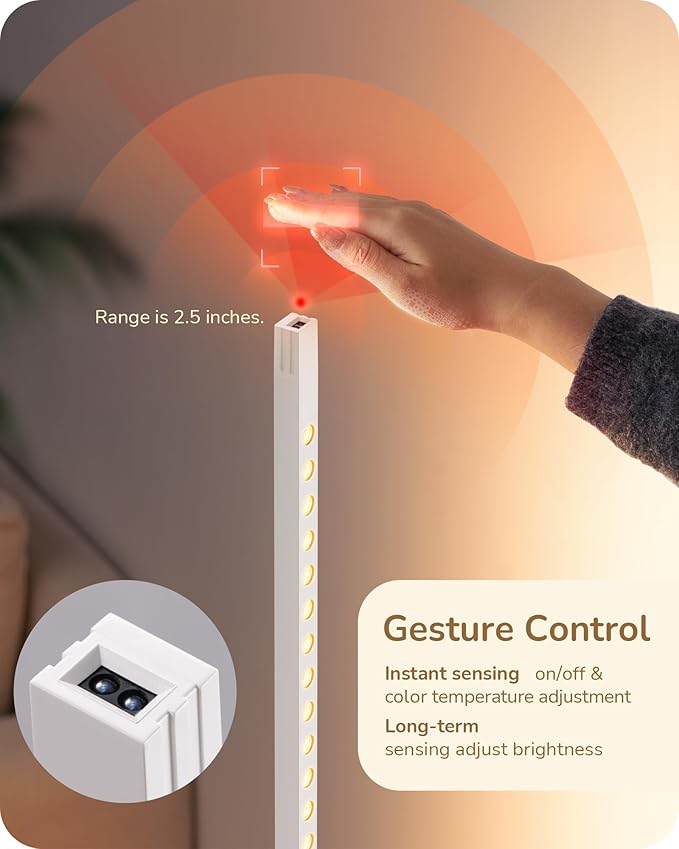 EDISHINE New Gesture Control Floor Lamp, LED Dimmable Motion Corner Light, 2700K-6500K Eye Caring Standing Lamps with Remote Control, Modern Minimalist Lit Lamp for Bedroom, Living Room, Office, White