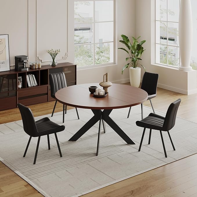 45.3" Walnut Round Dining Table Set with 4 Chairs – Mid-Century Modern Small-Space Kitchen & Dining Room Furniture for Apartment or Breakfast Nook (Boxwood – Table + 4 Black Chairs)