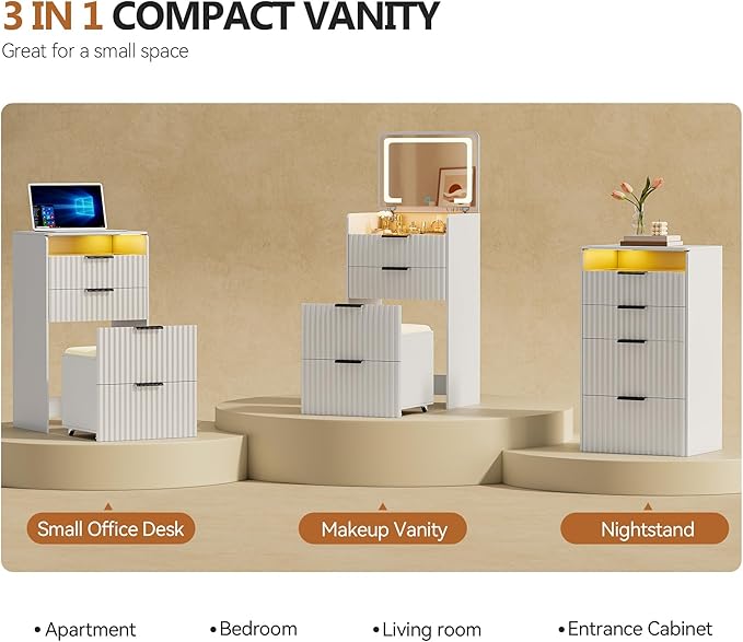 LED 3 in 1 Vanity Desk with Flip Top Mirror, Small Makeup Table with Glass Desktop, Compact Dressing Table with Storage and Cushioned Stool with Wheels, 3 Drawers, for Bedroom White