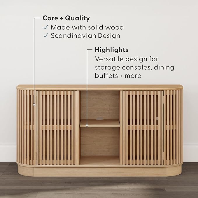Plank+Beam Contour Wood TV Stand, Two Door Solid Wood Entertainment Console with Storage, 59" L x 16" W x 30" H, Blonde