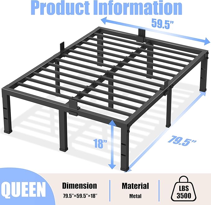 Queen Size Bed Frames 18 inch High 3500 lbs Heavy Duty Metal Platform, Mattress Foundation with Steel Slat Support/No Box Spring Needed/Noise Free/Non-Slip/Easy Assembly