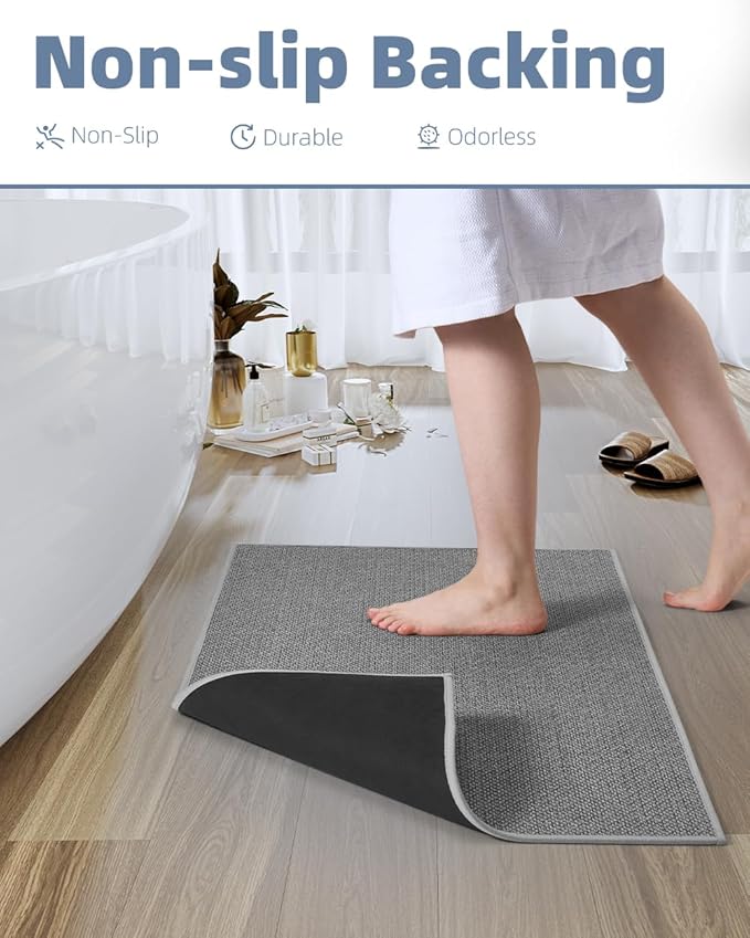PADOOR Non-Slip Bath-Mats for Bathroom, Rubber-Backing Braided Absorbent Bathroom Mat Machine Washable Thin Bathroom Rugs Fit Under Door Quick Dry Bath Rugs for Floor, 24''x35'' Grey