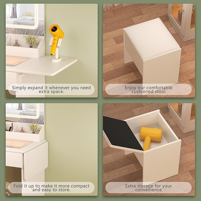 Vanity Desk with Mirror and Lights, Glass Top & Power Outlet | Makeup Vanity Set with Chair | Small Dressing Table with 2 Drawers and Cabinet Storage for Bedroom(White)