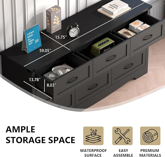 Black Dresser for Bedroom, 59'' Wide Chest of Drawers with Natural Wood Texture, 9 Drawer Dresser for Closet with Metal Handles, Sleek Storage Solution for Living Room, Office, Hallway