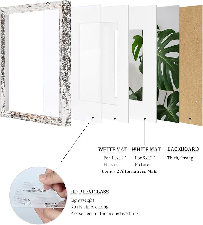 Egofine 12x16 Picture Frame Rustic White Covered by Plexiglass Made of Solid Wood, Display Pictures 9x12 and 11x14 with Mat or 12x16 Without Mat for Wall Mounting