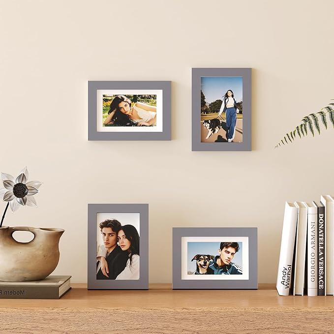 Egofine 4x6 Picture Frame Made of Solid Wood with Plexiglass, Display Pictures 3.5x5 with Mat or 4x6 Without Mat for Tabletop and Wall Mounting, Dark Grey