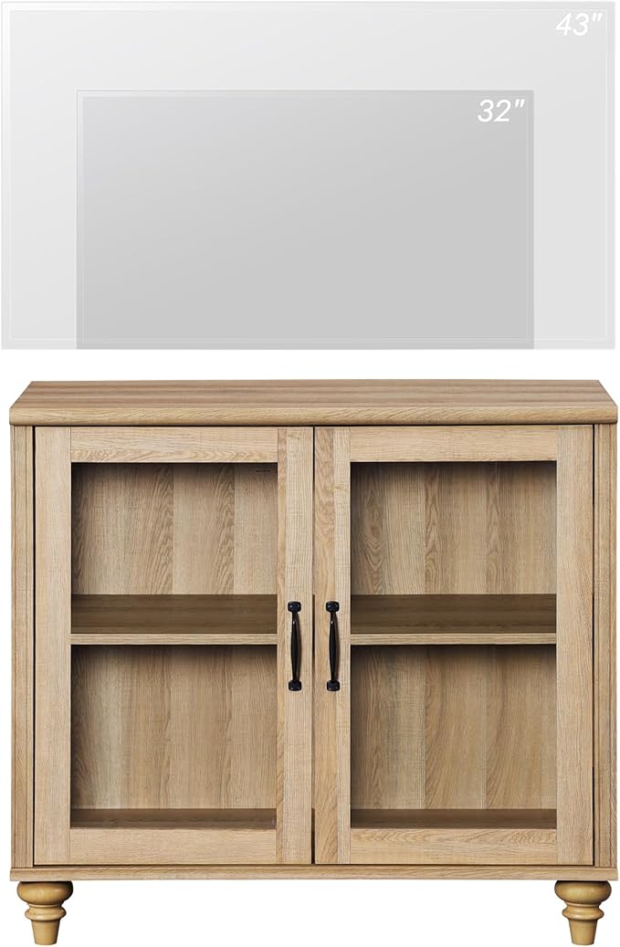 WAMPAT Farmhouse TV Stand for TVs Up to 43 inch, Glass Wood Universal TV Stand with 2 Storage Cabinets, Oak Entertainment Center for 32-43 inch TV Console Table for Living Room, Bedroom