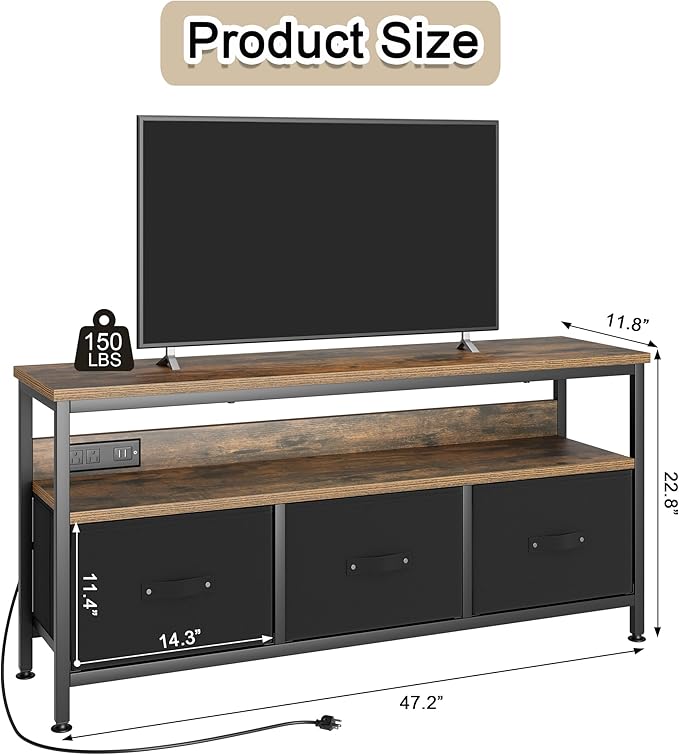 39" TV Stand for TVs up to 50", Media Console with Charging Station & LED Lights, 2 Drawer Storage Chest, Gaming Entertainment Center with Storage for Living Room, Brown, Medium
