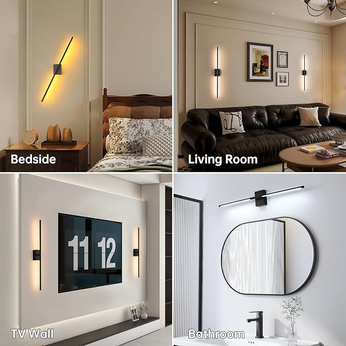 Battery Operated Wall Sconce Set of 2, 5000mAh Rechargeable Wall Sconces with Detachable Battery, Indoor 350°Rotate Wall Lights for Bedroom Living Room, Black, 31.5 Inch