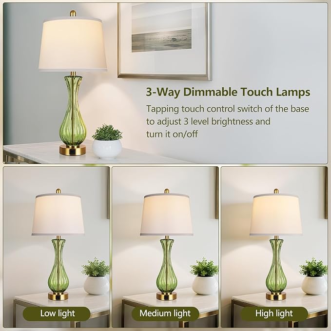 27.5" Coastal Glass Table Lamp Set of 2, 3-Way Dimmable Full Touch Control Beach Lamp with USB A+C Port, Green Glass Nautical Bedside Lamp with White Shade for Living Room Bedroom(LED Bulbs Included)
