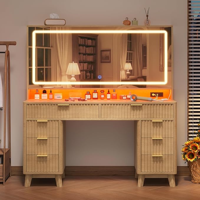 Fluted Vanity Desk with 46" Large Mirror and Lights, Big Vanity Table with Charging Station & RGB Lights, Makeup Vanity Mirror with Light Desk and 8 Drawers, Bedroom Vanity Dressing Table for Women
