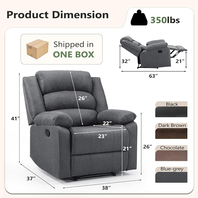 ANJ Fabric Recliner Chair Set of 2, with Overstuffed Arm and Back, Comfy Gray Manual Reclining Chairs for Adults, Living Room Single Sofa Recliners