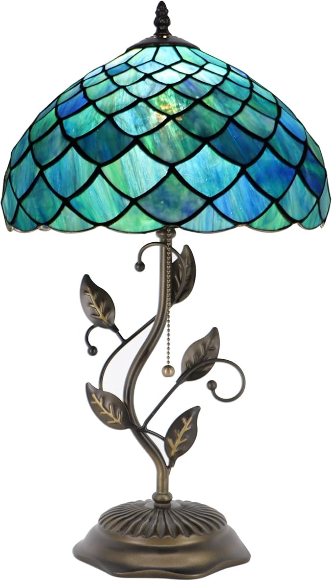 Tiffany Table Lamp, Stained Glass Desk Light, W12H19 Inch, Metal Leaf Base (Fishscale Style)