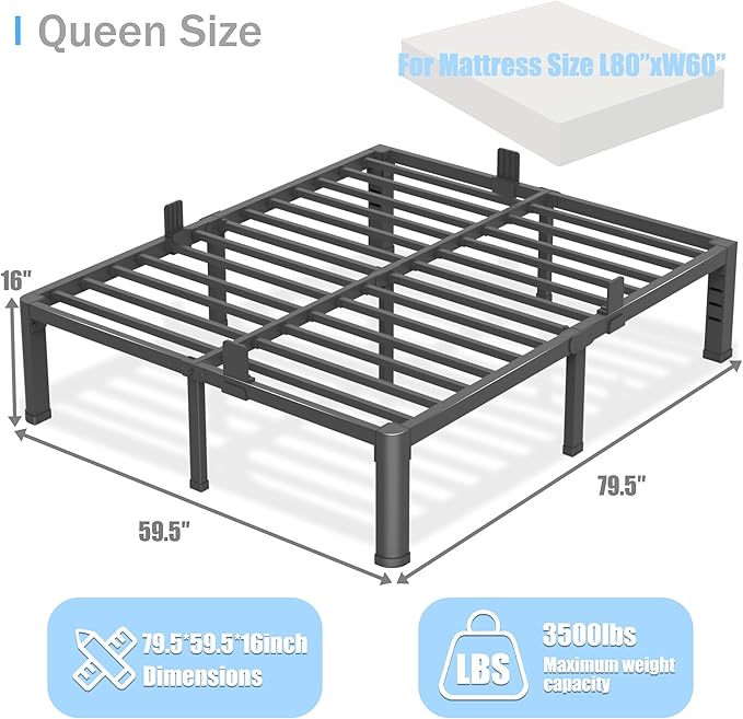 16 inch Queen Bed Frame with Round Corner Legs and Headboard Hole Mattress Slide Stopper 3500 lbs Heavy Duty Metal Platform,Steel Slats Support,No Box Spring Needed,Easy Assembly,Noise Free