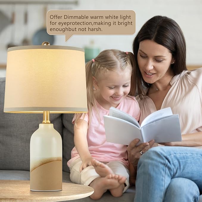 Luvkczc Ceramic Table Lamps Set of 2, 3-Color Temperature Adjustable Bedside Lamps with Line Lampshade, Nightstand Lamps for Bedroom, Living Room, Entryway Home Decor, Modern Table Lamps