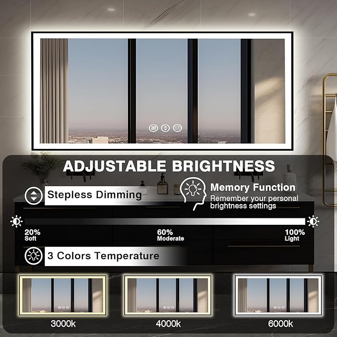 72x32 LED Bathroom Vanity Mirror - Black Aluminum Framed (Front and Backlit), Anti-Fog Large Mirror with Lights,Stepless Dimmable Lighted Mirror,3 Colors Smart Mirror(Horizontal/Vertical)