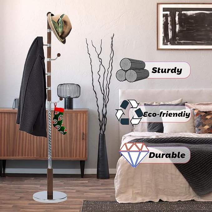 73 in Wood Coat Rack, Coat Rack Freestanding with Stable Round Base, Adjustable Height Tree Coat Racks Stand for Home Bedroom Office Hallway Entryway (Walnut Metal Hook)