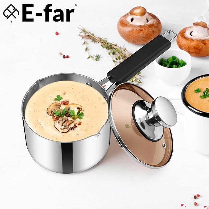 E-far 3 Quart Sauce Pan with Lid, Stainless Steel Tri-Ply All Clad Small Cooking Pot with Pour Spout, Multipurpose Induction Saucepan & Stay-Cool Handle, Compatible with All Cooktops, Dishwasher Safe