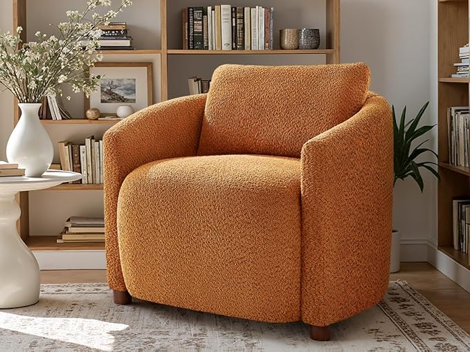 Boucle Accent Barrel Chair, Cloud Reading Chair for Living Room & Bedroom, Furry Sherpa Armchair with Cozy Soft Throw Pillow Back, Comfy Upholstered Lounge Chair, Modern Single Sofa Chair