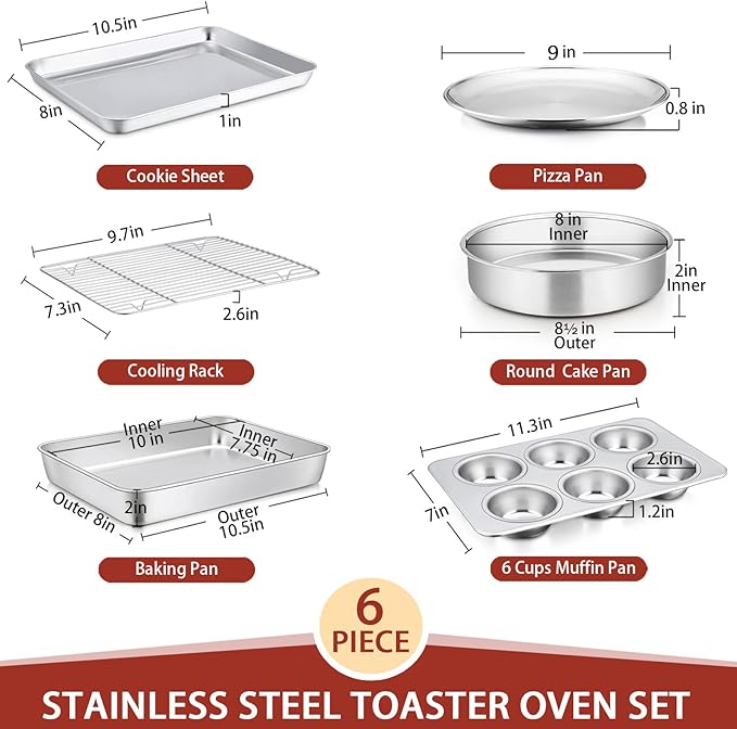Toaster Oven Bakeware Set, E-far 6-Piece Stainless Steel Small Baking Pan Set, Include Cake Brownie Pan/Cookie Sheet with Rack/Muffin Tin/Pizza Pan, Non-Toxic & Healthy, Easy Clean & Dishwasher Safe