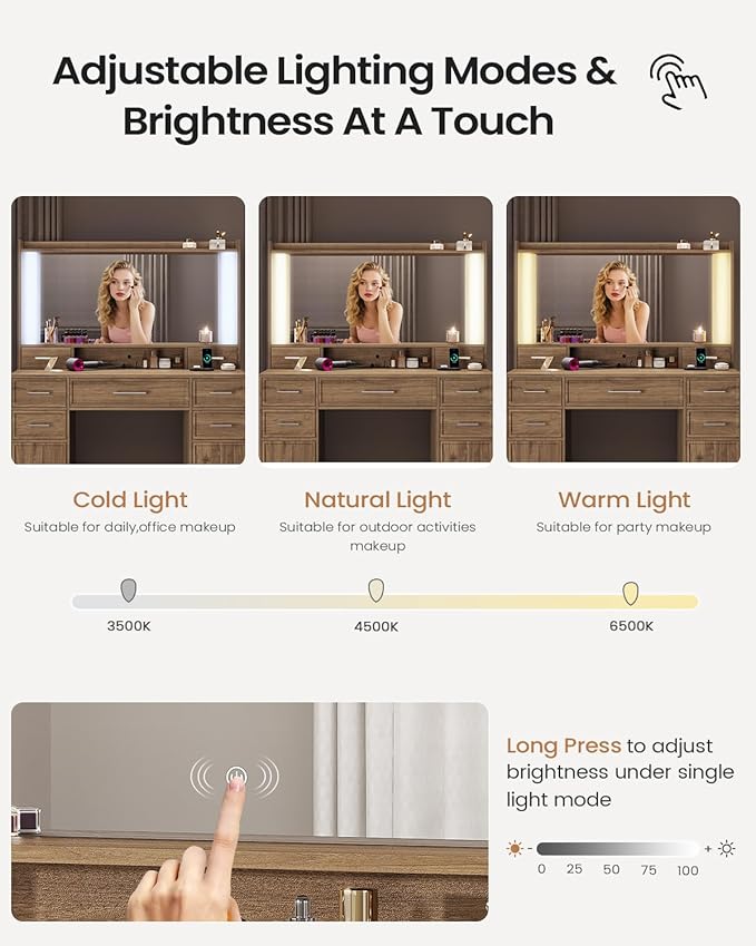 AOGLLATI Vanity Desk with Mirror and Lights, Makeup Vanity Desk with Lights, Large Mirror with Charging Station and 3 Color Lightbox, Vanity Table with 7 Drawers for Bedroom, Brown