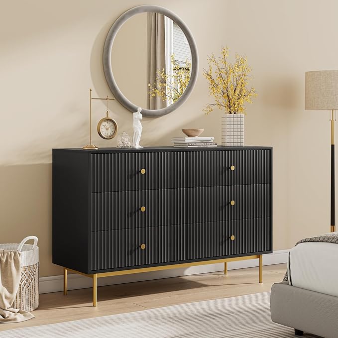 6 Drawer Double Dresser for Bedroom, Black Dresser with Gold Handles, Black 6 Drawer with Fluted Panels for Bedroom