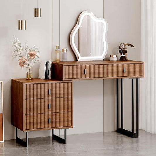 Brown Vanity Desk with Mirror and Lights,Small Makeup Vanity with 5 Drawers，Modern Makeup Table with Adjustable Cabinet for Bedroom,Makeup Room