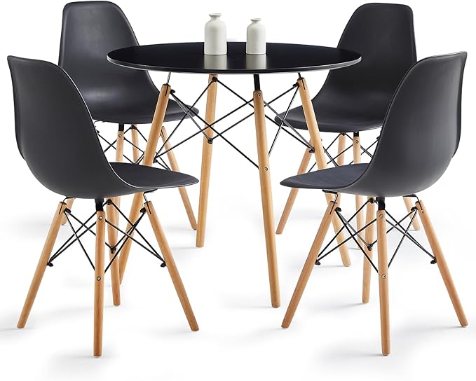 Round Dining Table Set for 4 31.5" Wood Dinner Table Circle Dining Table Kitchen Table Chairs Set of 4 with Wood Strip Base for Kitchen Living Room Space Saving Apartment(Black)