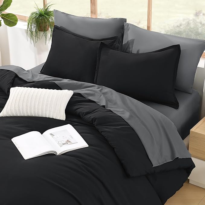 Litanika Comforter King Size Set Black Grey - 7 Pieces Bed in a Bag King Bedding Comforter Sets, Plain Lightweight Bed Set with Comforter, Sheets, Pillowcases & Shams