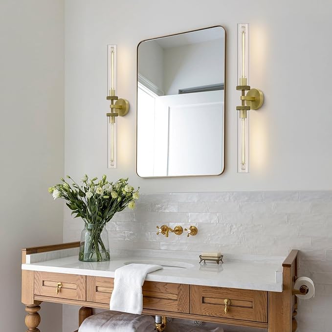 Brass Gold 2-Light Knurled Wall Sconces, 30in Double Glass Sconces Wall Lighting, Bathroom Vanity Light Sconces, Wall Lights for Living Room Bedroom Hallway Kitchen Bathroom Mirror