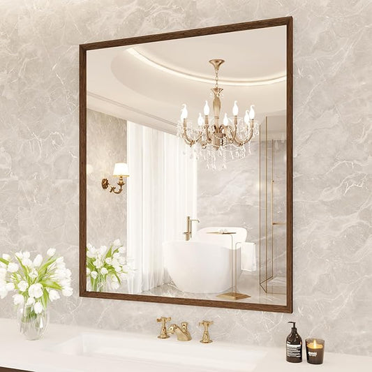 Rectangle Bathroom Mirror 30x36 Inch, Walnut Wood Grain Framed, Anti-Rust & 4mm Tempered Glass, Horizontal/Vertical Hanging Vanity Mirror for Bathroom & Bedroom