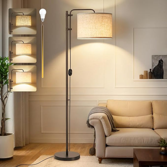 Floor Lamp for Living Room, Adjustable Height Standing Lamps with 350° Rotate Linen Lampshade, 67.5-Inch Brown Modern Tall Lamp Dimmable Floor Lamps for Corner Bedroom Home Office (Bulb Included)