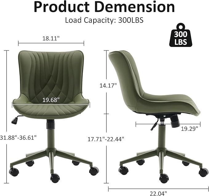 YOUTASTE All Olive Green Office Chair, Modern Armless Desk Chair with Back, Adjustable Swivel Rolling Faux Leather Task Chair with Wheels Metal Base for Home Office, Study, or Vanity