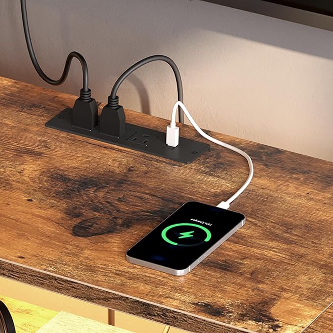 LED TV Stand with Fabric Drawers for 65 Inch TV, Entertainment Center with Power Outlets and Open Storage Shelves, Industrial Media TV Console Table for Living Room, Bedroom, Rustic Brown