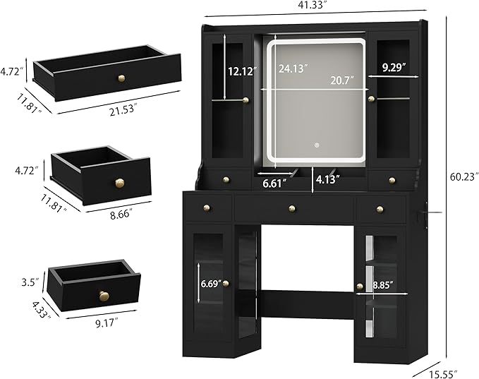 Black Vanity Desk with Mirror and Lights, Makeup Vanity Table with Lighted Mirror, 5 Drawers & RGB Cabinet, Dressing Table Set with Charging Station for Girls Bedroom, 3 Lighting Modes