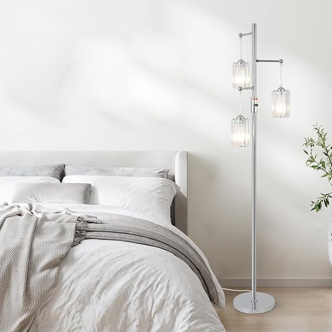 Modern Crystal Floor Lamp for Living Room, 3 Lights Dimmable Standing Lamp, Industrial Silver Tree Lamp with Crystal Shade, Dimmer Switch, 65" Tall Corner Lamp for Bedroom Reading, Chrome